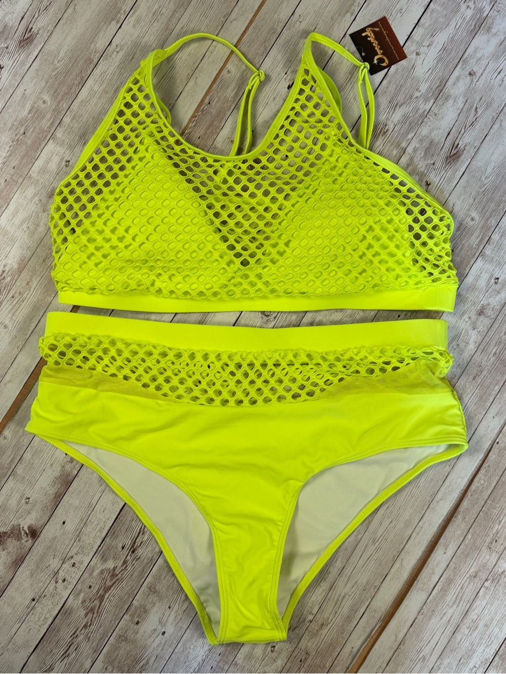 Neon Yellow Mesh High-Waist Bikini Set